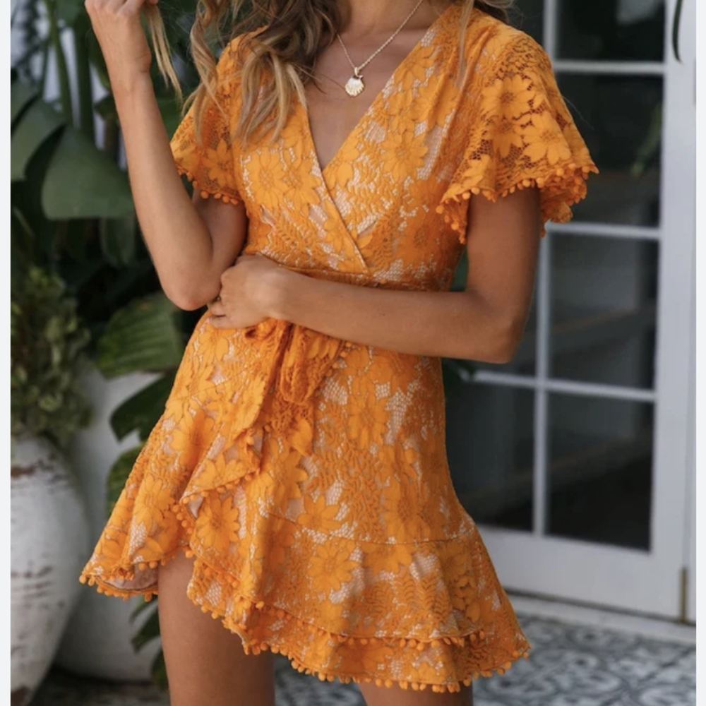 Selfie Leslie Orange Lace Mini Dress